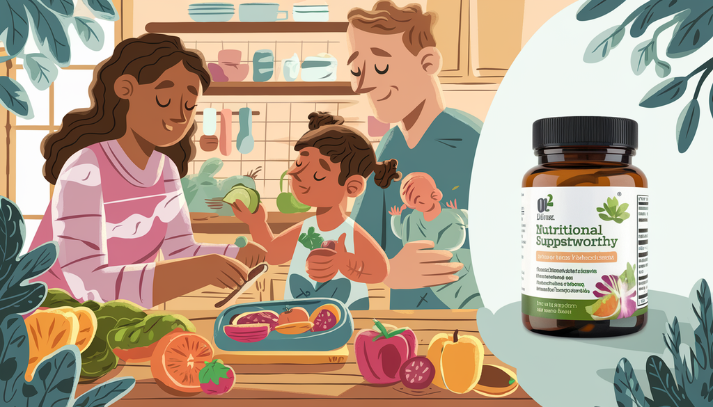 A diverse family in a cozy kitchen, with a parent preparing a nutritious meal for a child, surrounded by vibrant fruits and vegetables, and a nutritional supplement bottle on the counter.