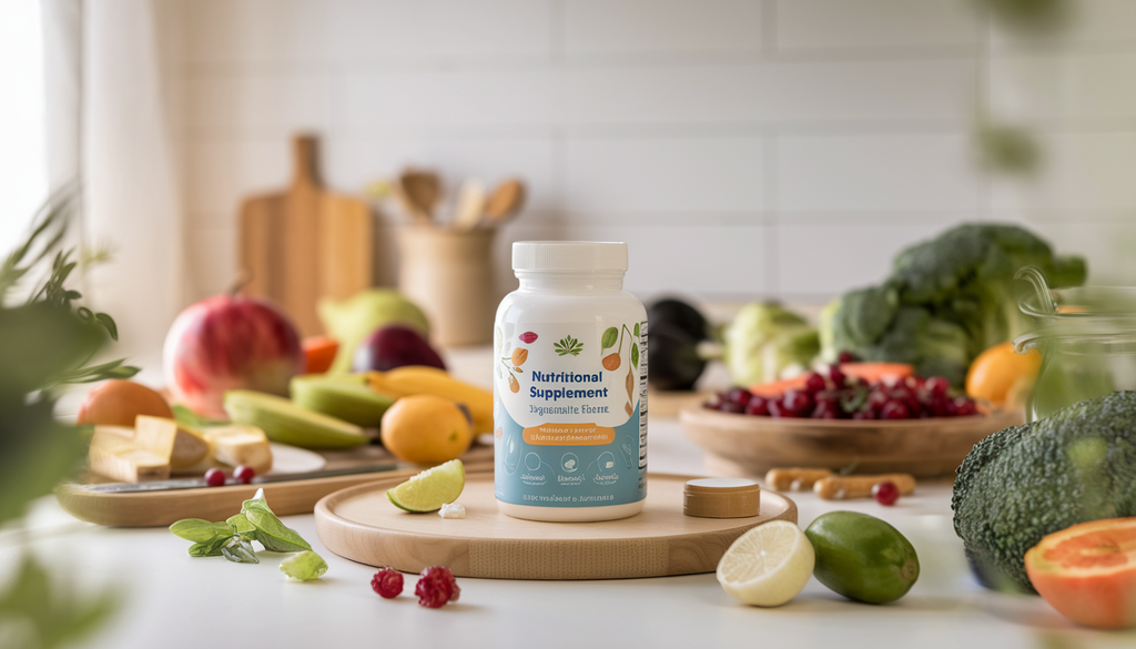 A serene kitchen scene with fresh fruits and vegetables, featuring a bottle of Nutritional Support Supplement and Omega 3 DHA Supplement in soft natural lighting.