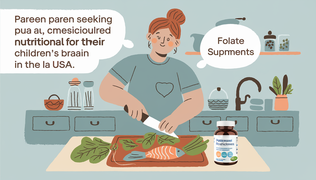 A parent prepares a healthy meal with leafy greens and fish in a warm kitchen, with a bottle of nutritional supplements on the counter.